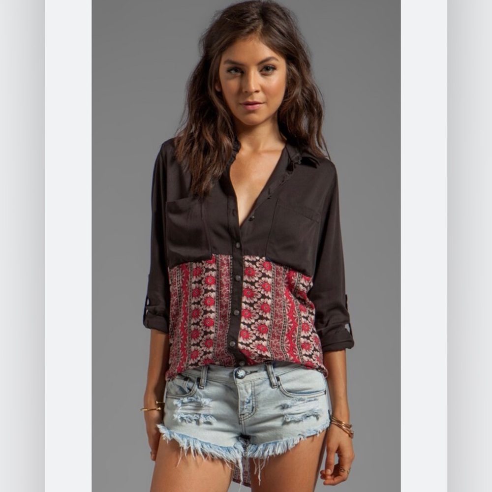 Free People Top XS Western Boho Button Front Red/black Welcome To The Jungle Top